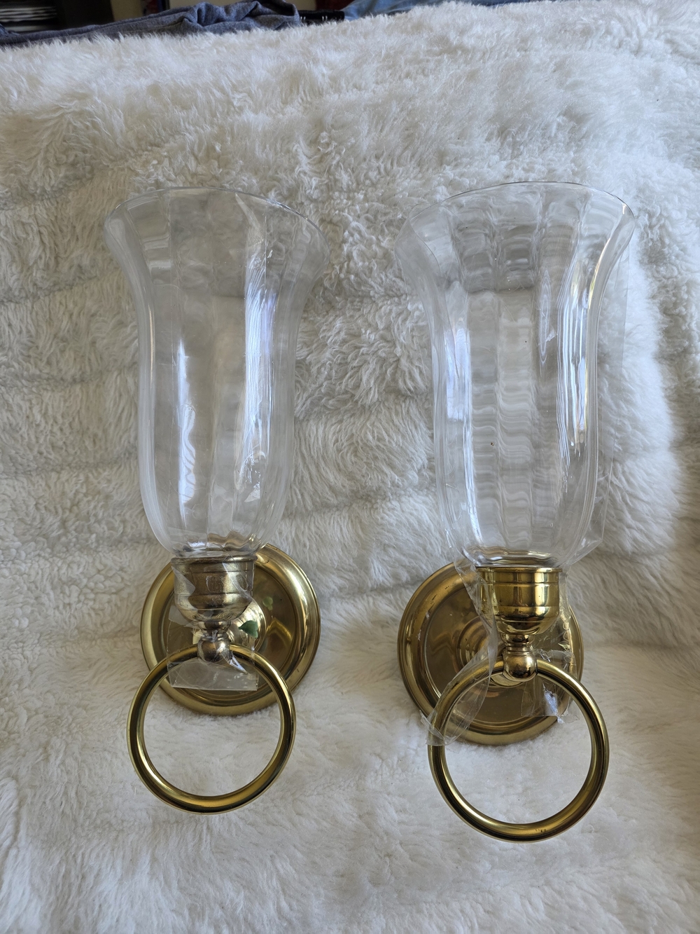 Vintage Clear Glass Hurricane Wall Lanterns with Brass Rings - Pair